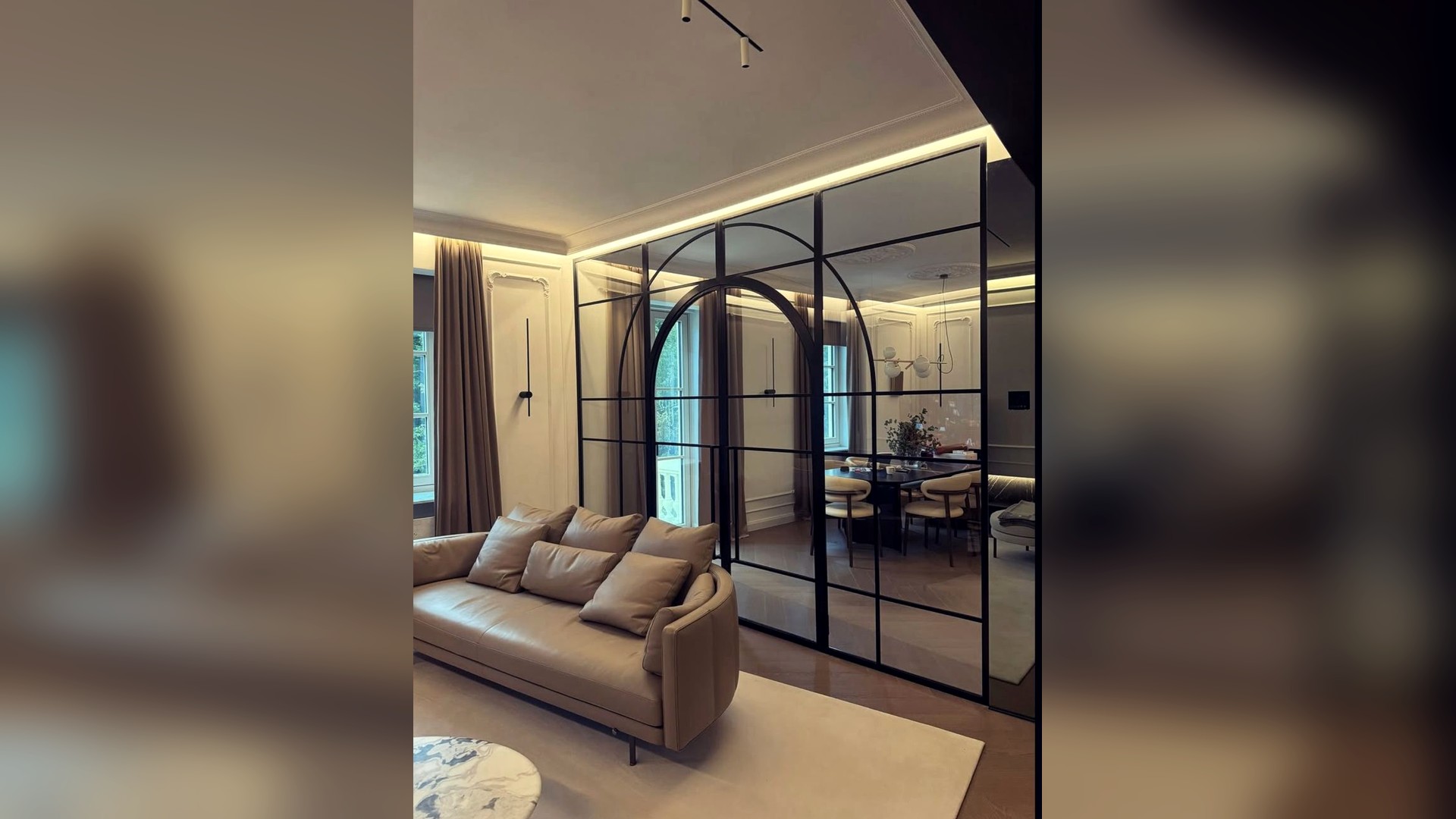 Internal arched steel doors with glass and slim steel frames