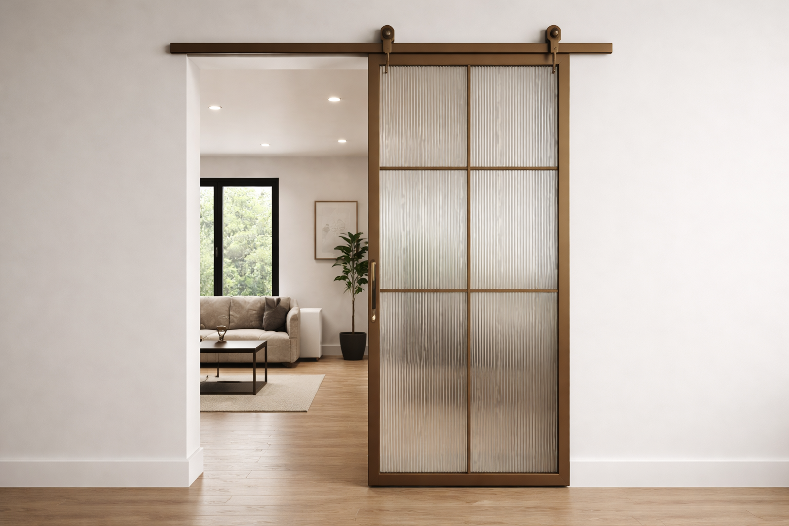 Steel sliding door detail with glazing bars