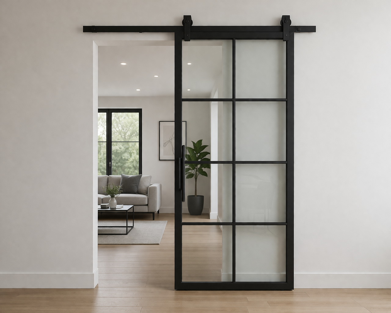 Internal steel sliding doors dividing kitchen and living area